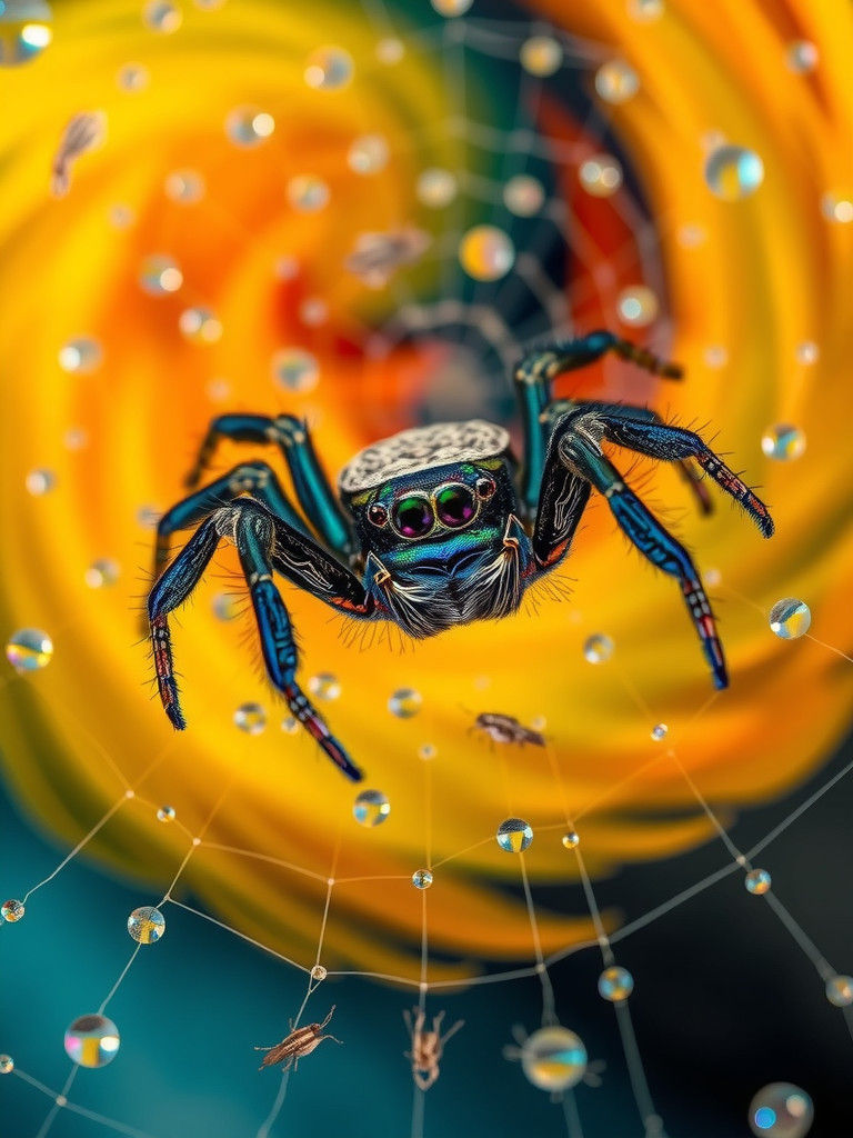 Vibrant Peacock Spider in Mid-Leap Amidst Dynamic Web