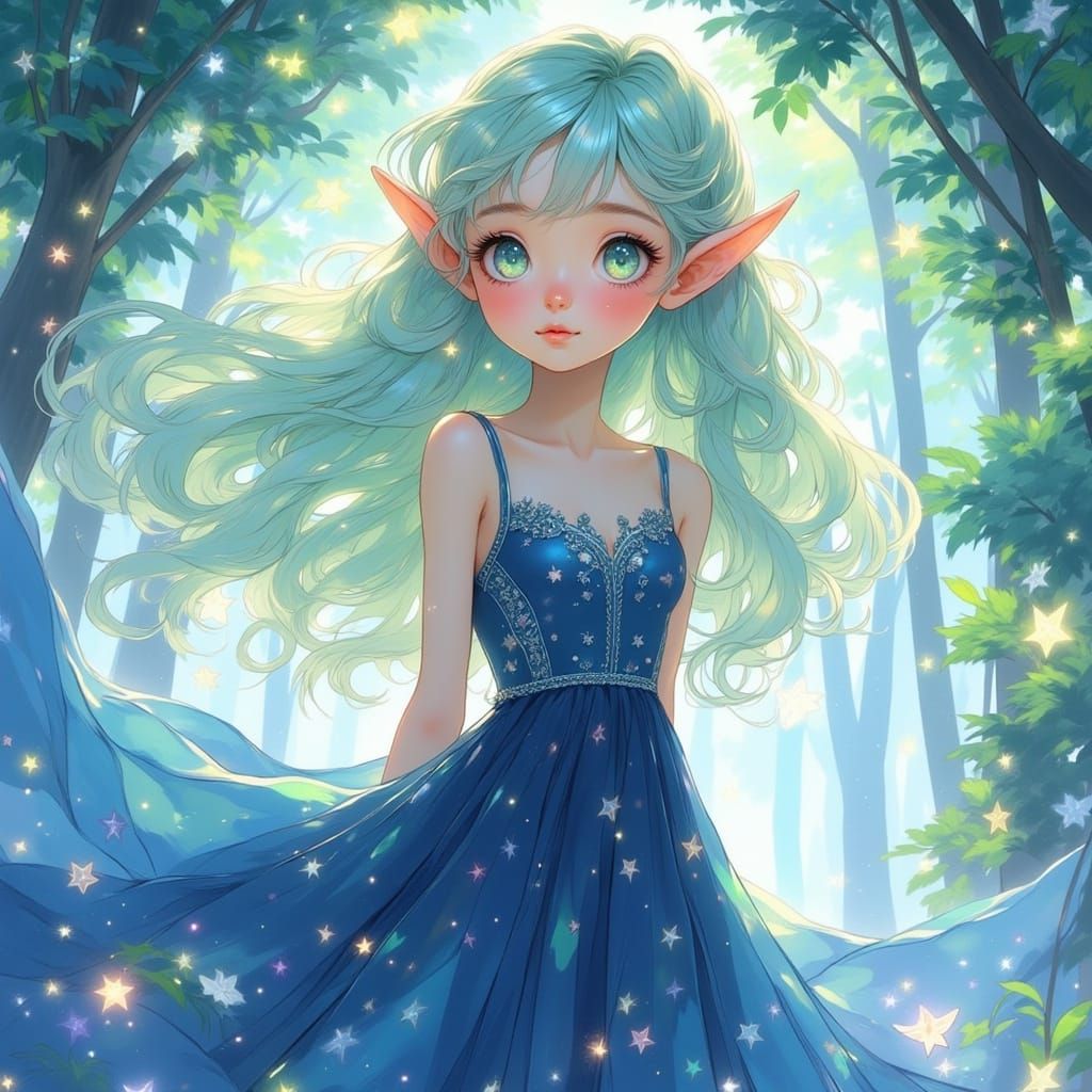 Anime Elf Girl in Flowing Blue Dress