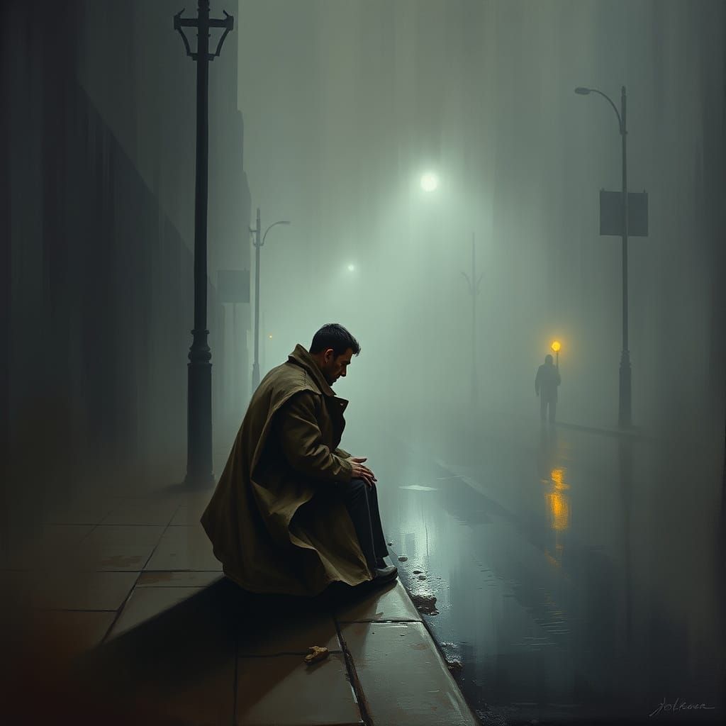 Melancholic Man on Rainy Street as Impasto Painting