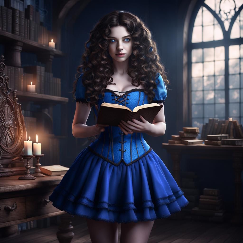 Beautiful Witch Reading Spellbook, Detailed Digital Art