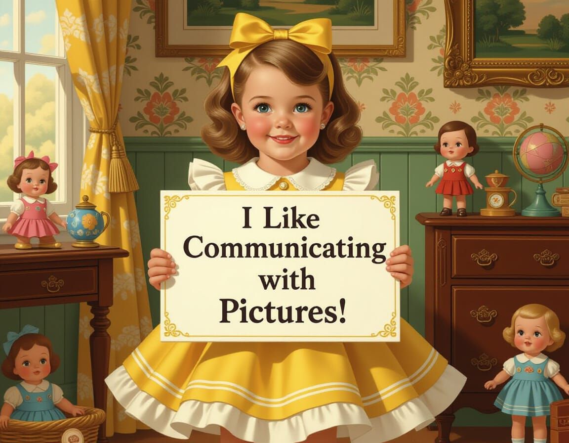 Girl With Sign in Nostalgic Imaginative Realism Style