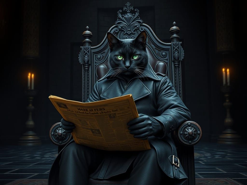 Regal Black Cat in Foreboding Castle Halls, Illuminated by F...