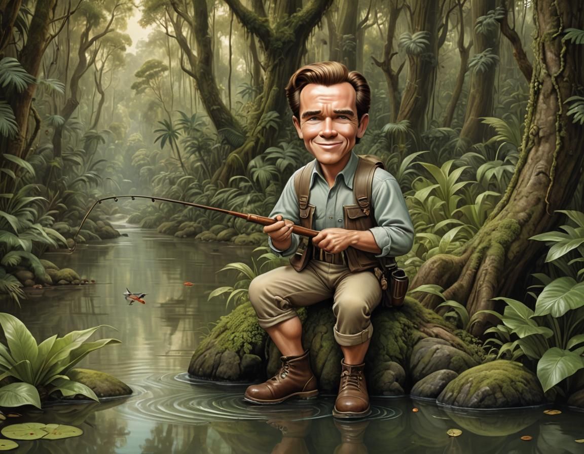 Arnold Schwarzenegger Fishing: Mark Ryden Caricature