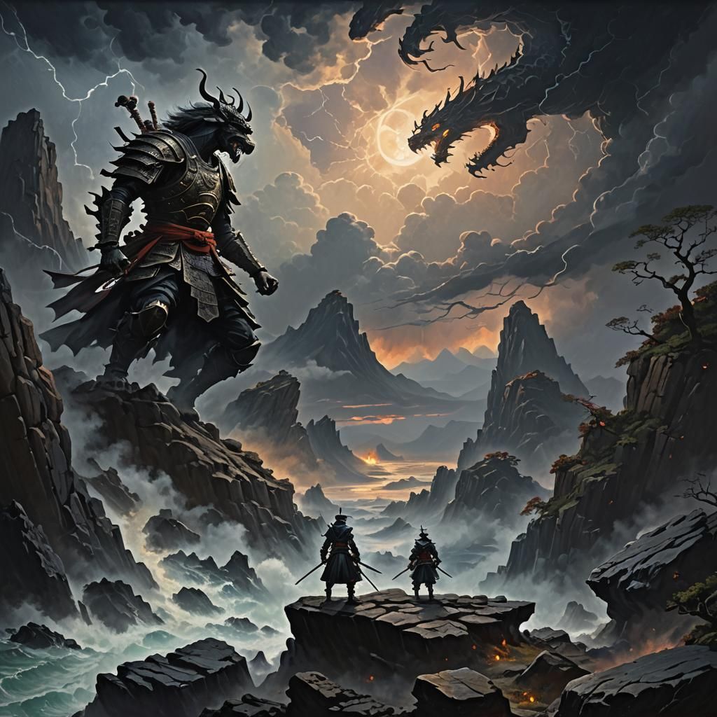 Samurai Warrior Confronts Monster in Astral Oil Painting