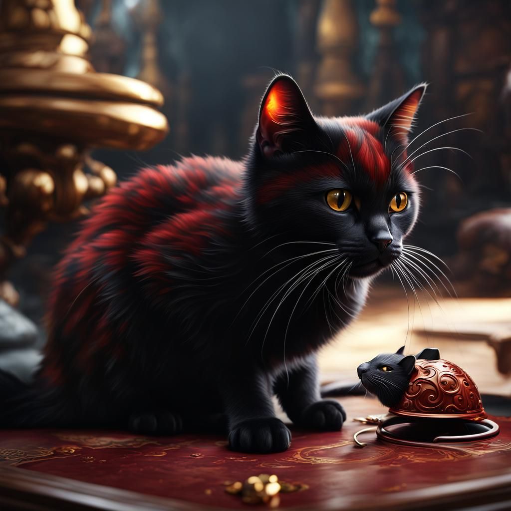 Tortoiseshell Cat with Prey: Fantasy Art