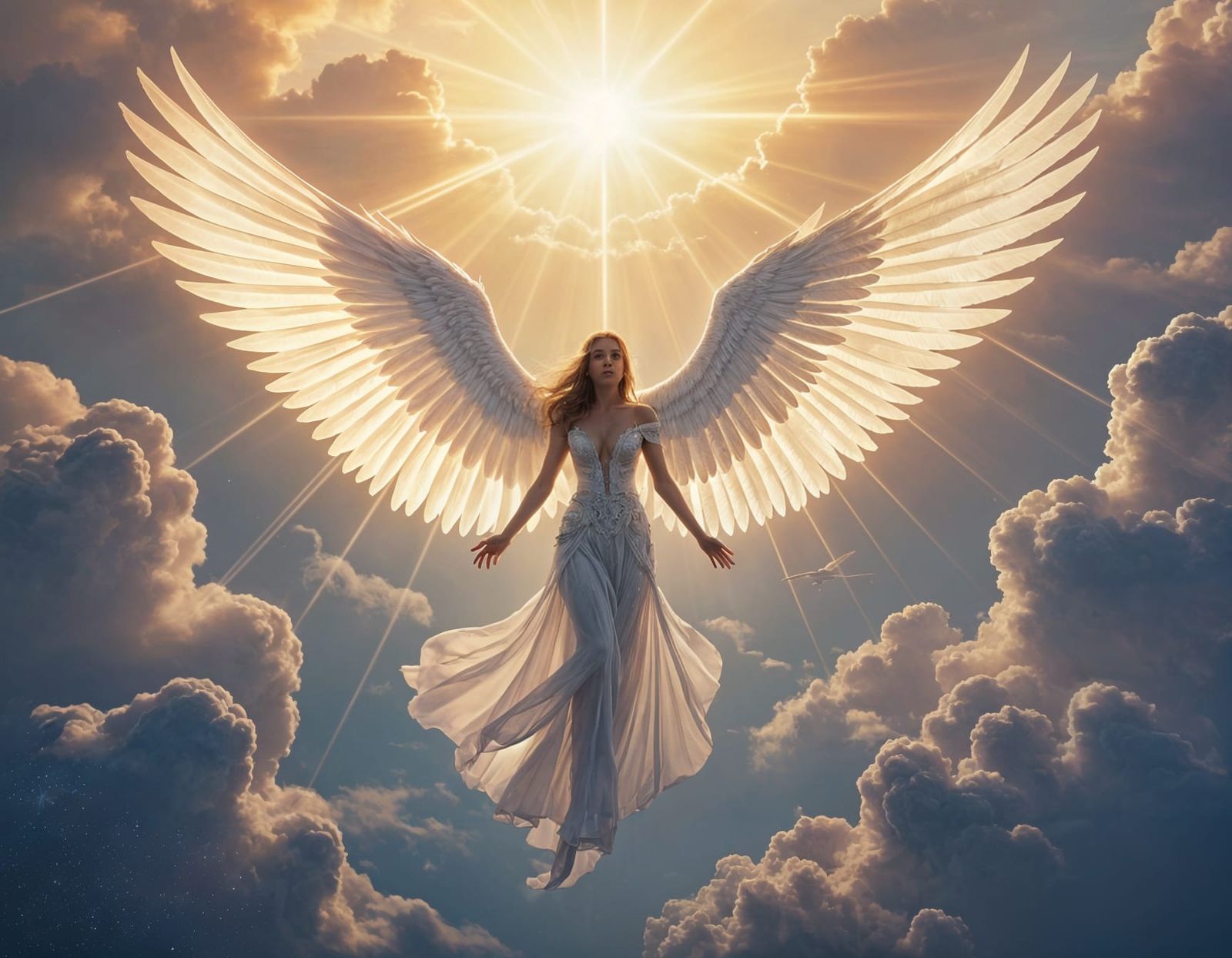 Ethereal Angel with Radiant Wings, Digital Painting