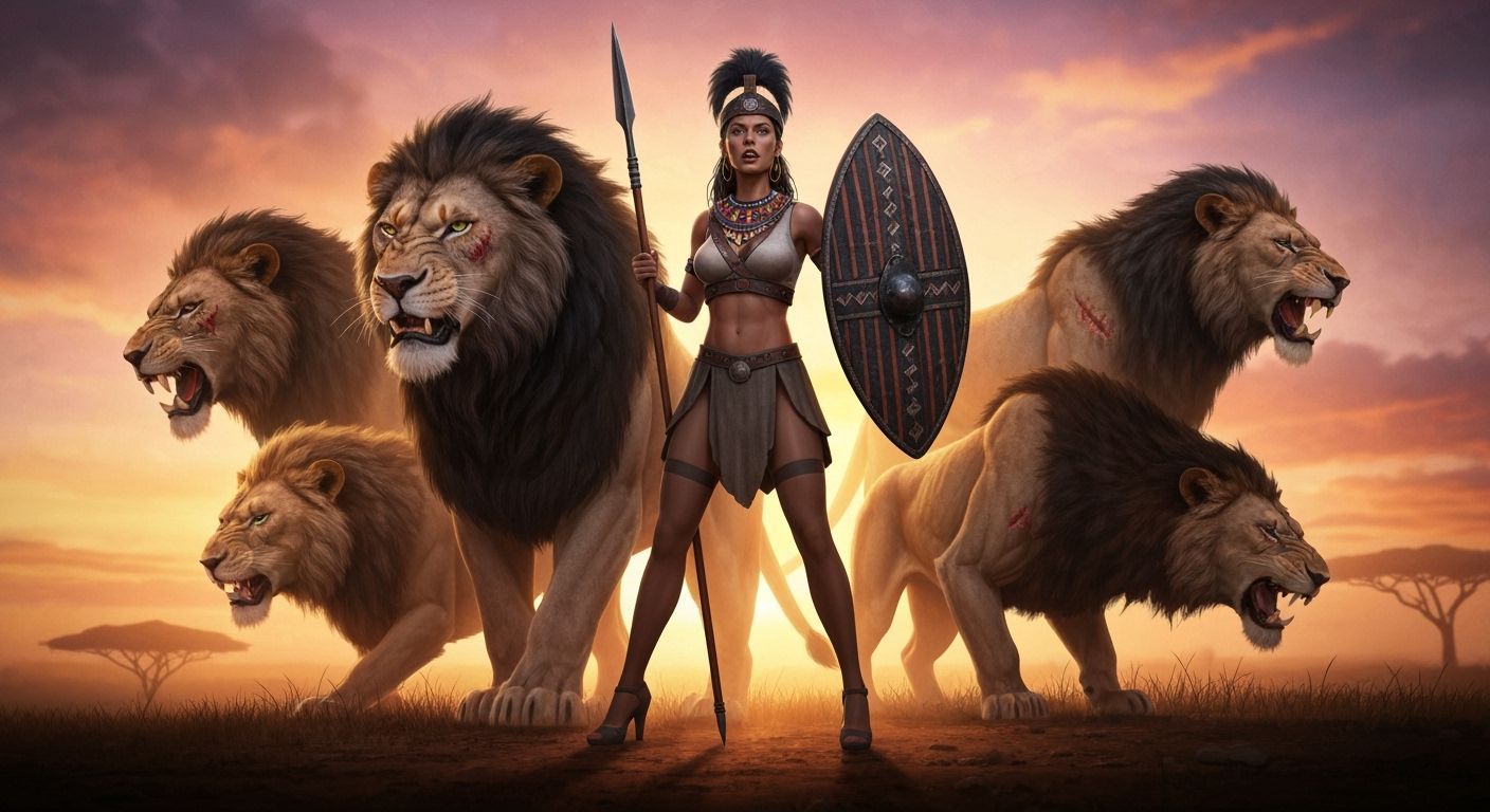 Fierce Zulu Warrior with Lions at Sunset