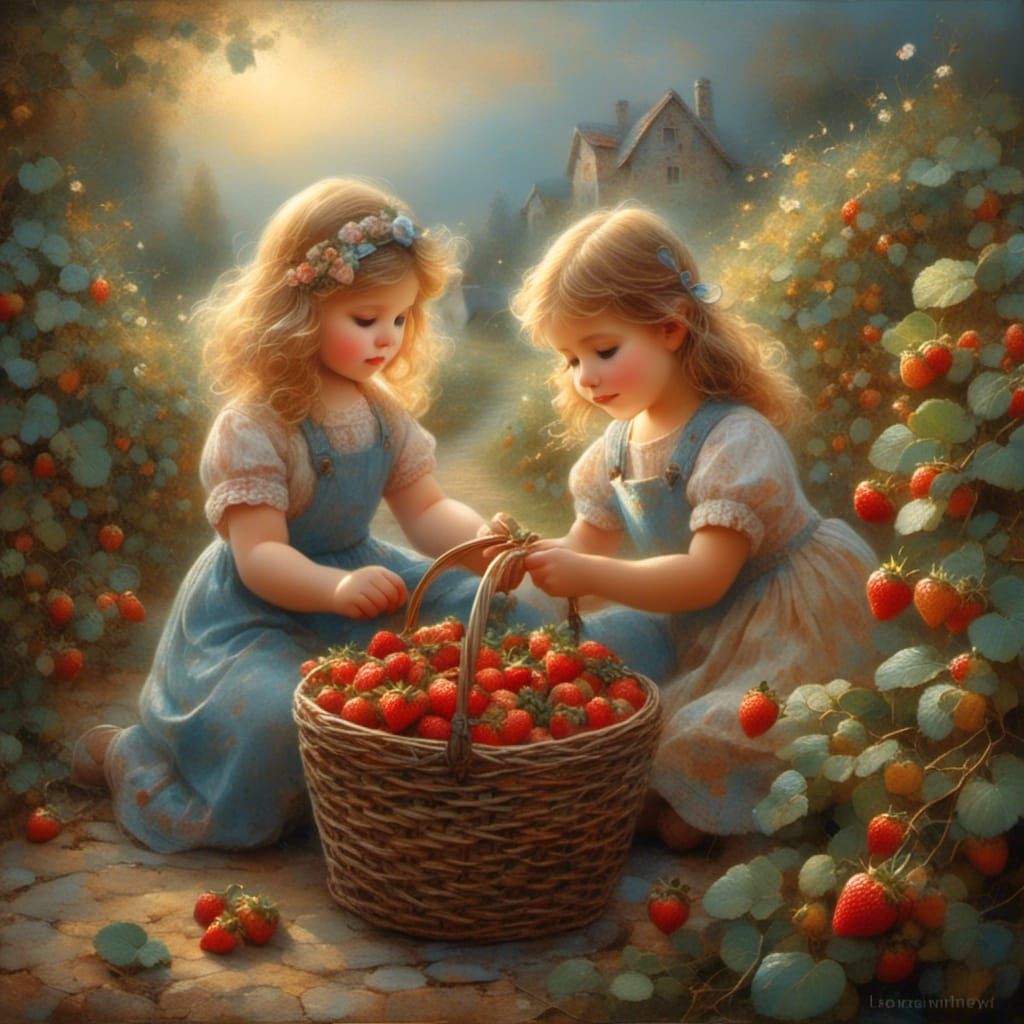 Vintage Family Strawberry Picking Illustration