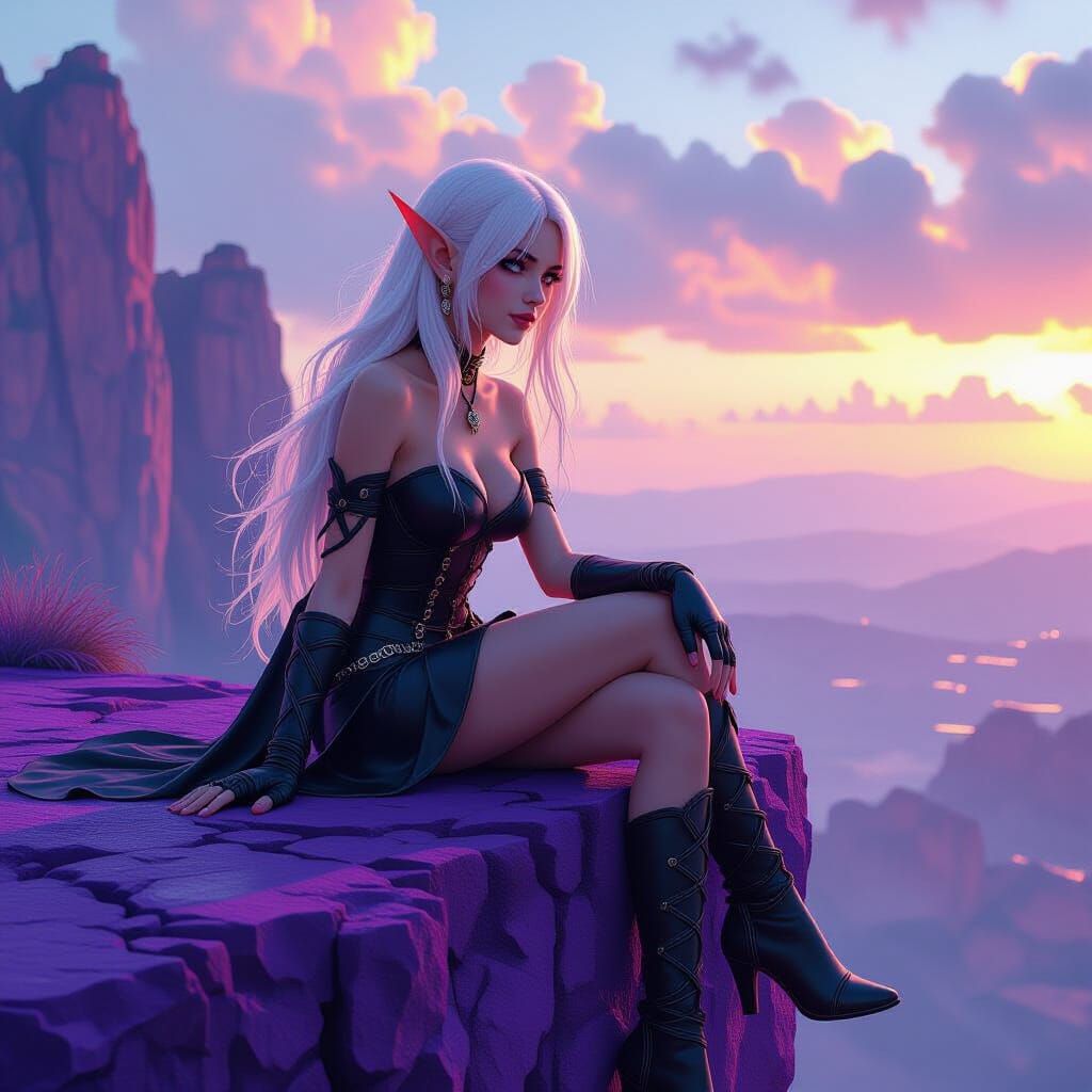 Elf Girl on Purple Cliff: Dark Fantasy Concept Art