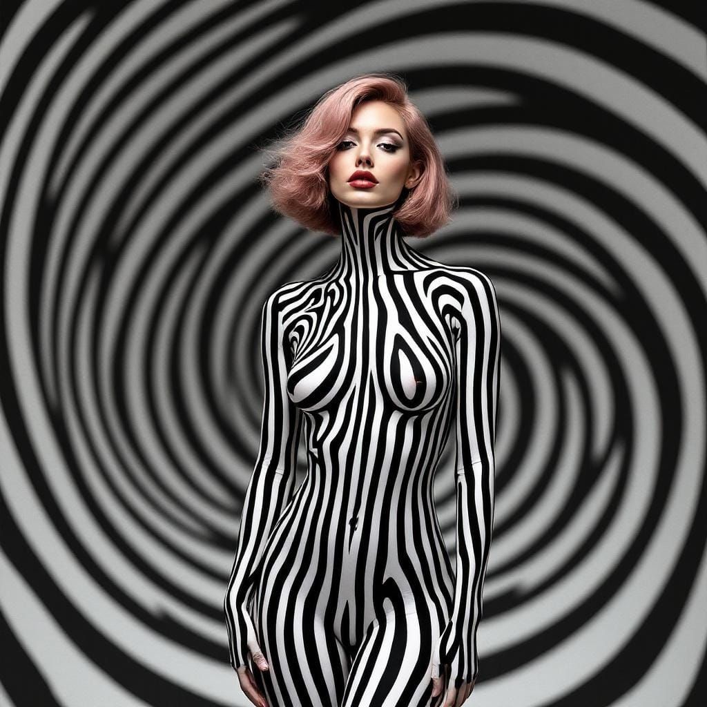 Optical Illusion: Woman in Hypnotic Geometric Swirl