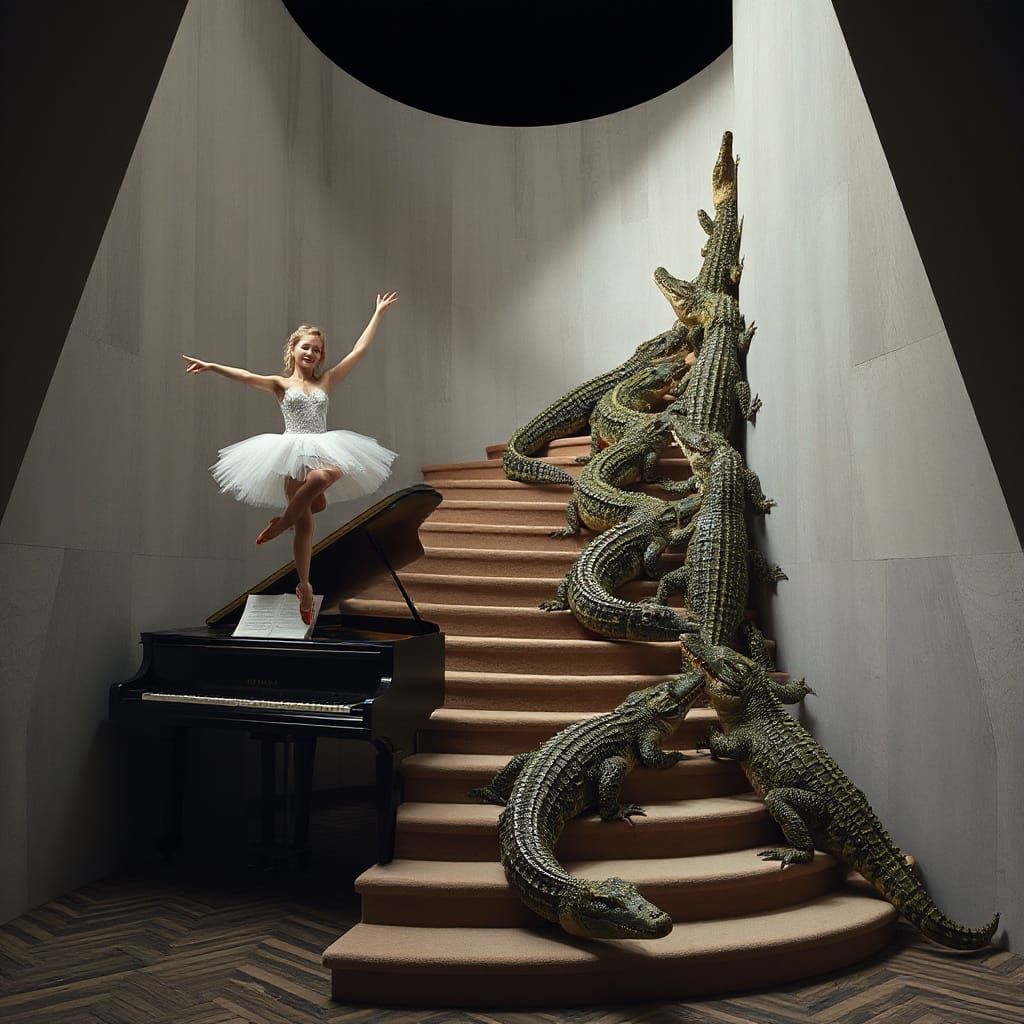 Ballerina Dances on Piano in Hyperrealistic Staircase