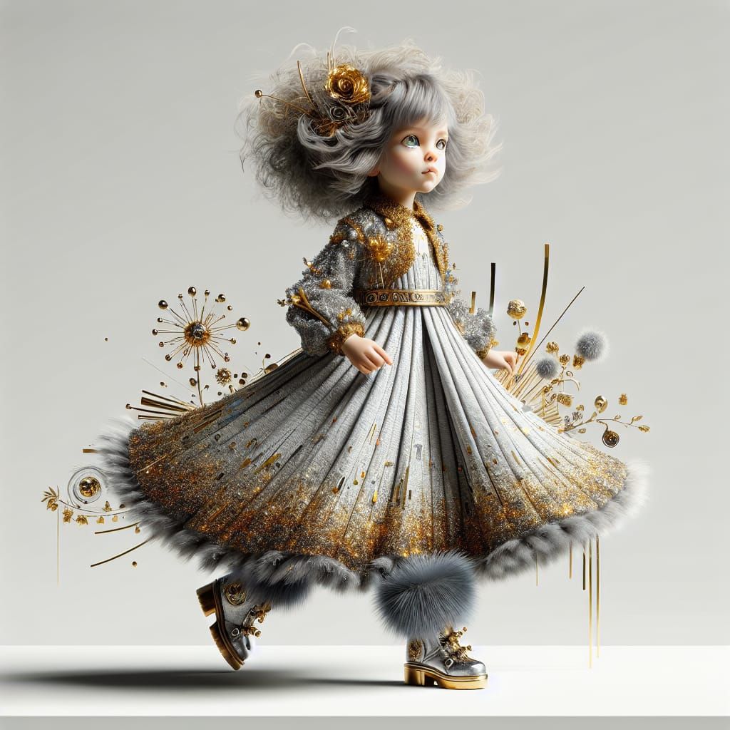Curious Girl in Gold and Gray Fantasy Scene