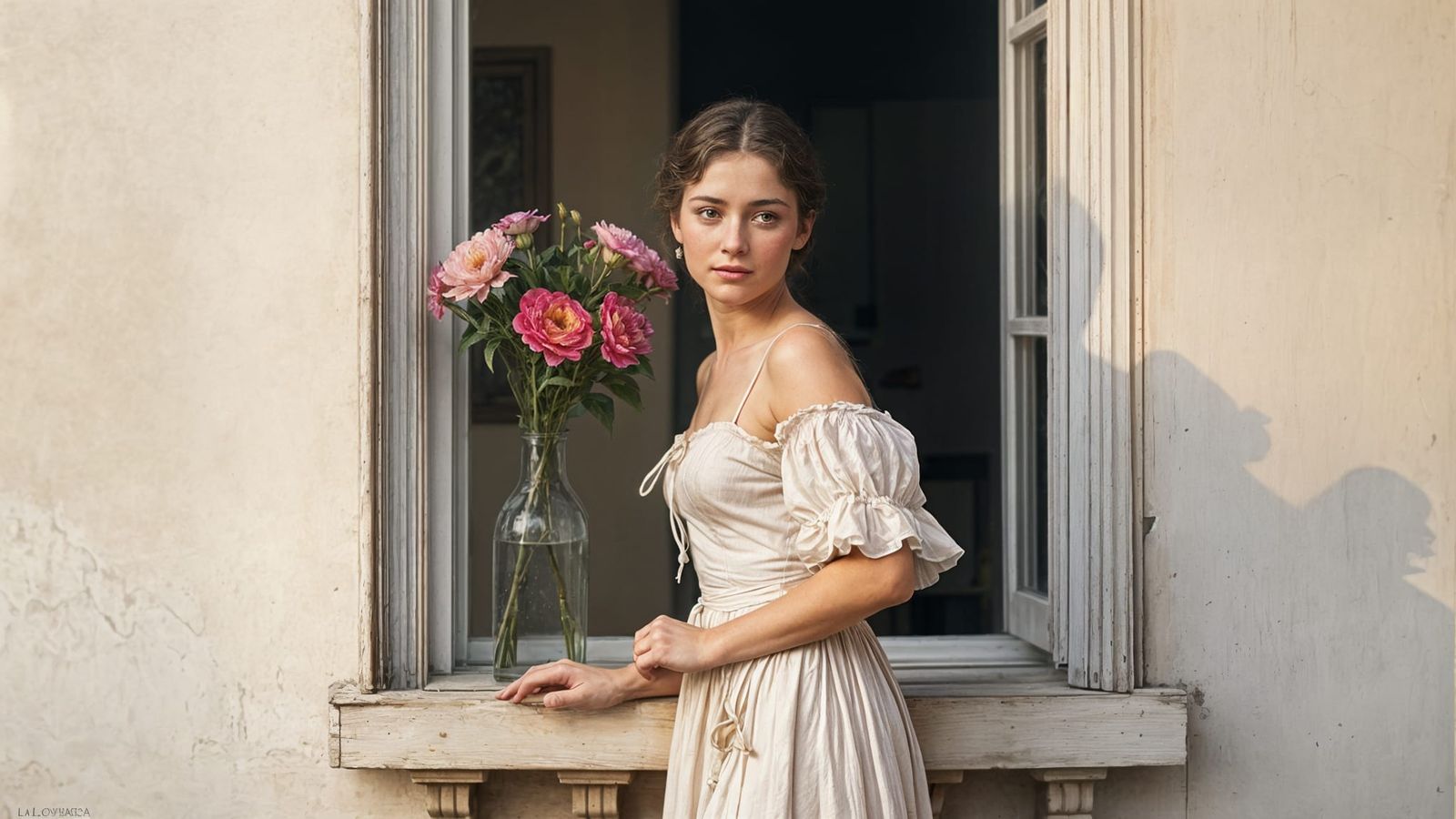 Woman in Spring Dress Posing, Vintage Style