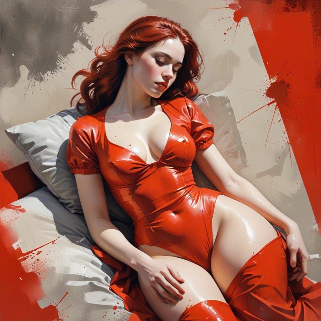 Elegant Lady in Red, Watercolor Painting Style