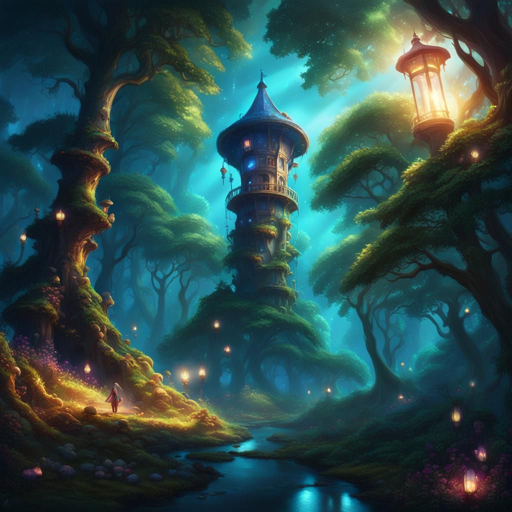 Mysterious Tower in Lush Forest: Fantasy Concept Art