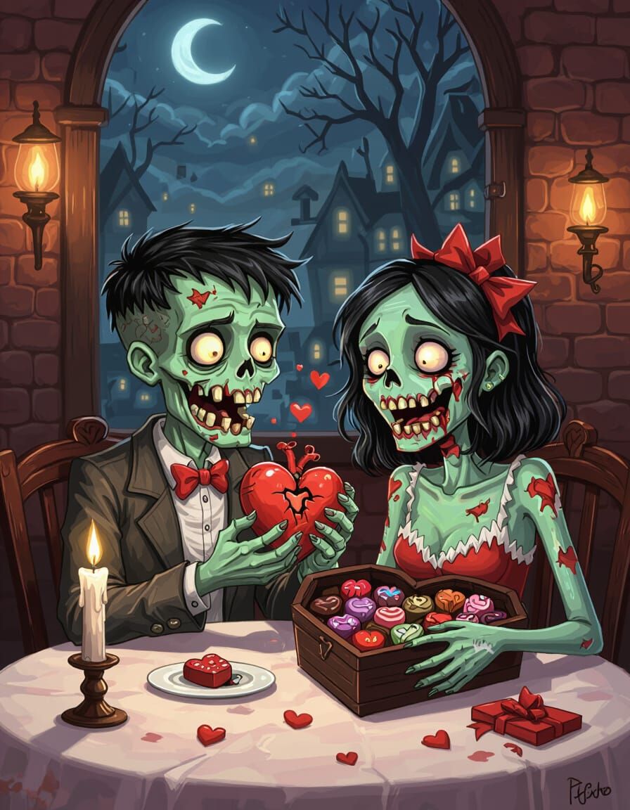 Cute Zombie Couple Exchanging Valentine's Gifts in Candlelit...