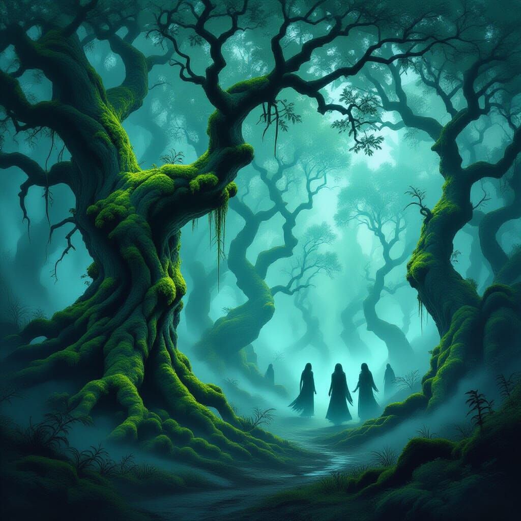 Ethereal Figures Emerge from Gnarled Forest in Dark Fantasy