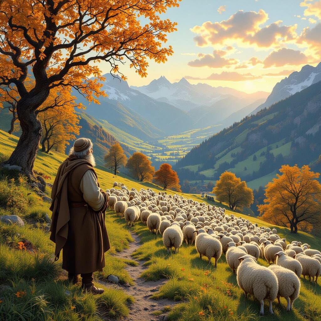 Shepherd and Sheep on Swiss Mountainside in Golden Light