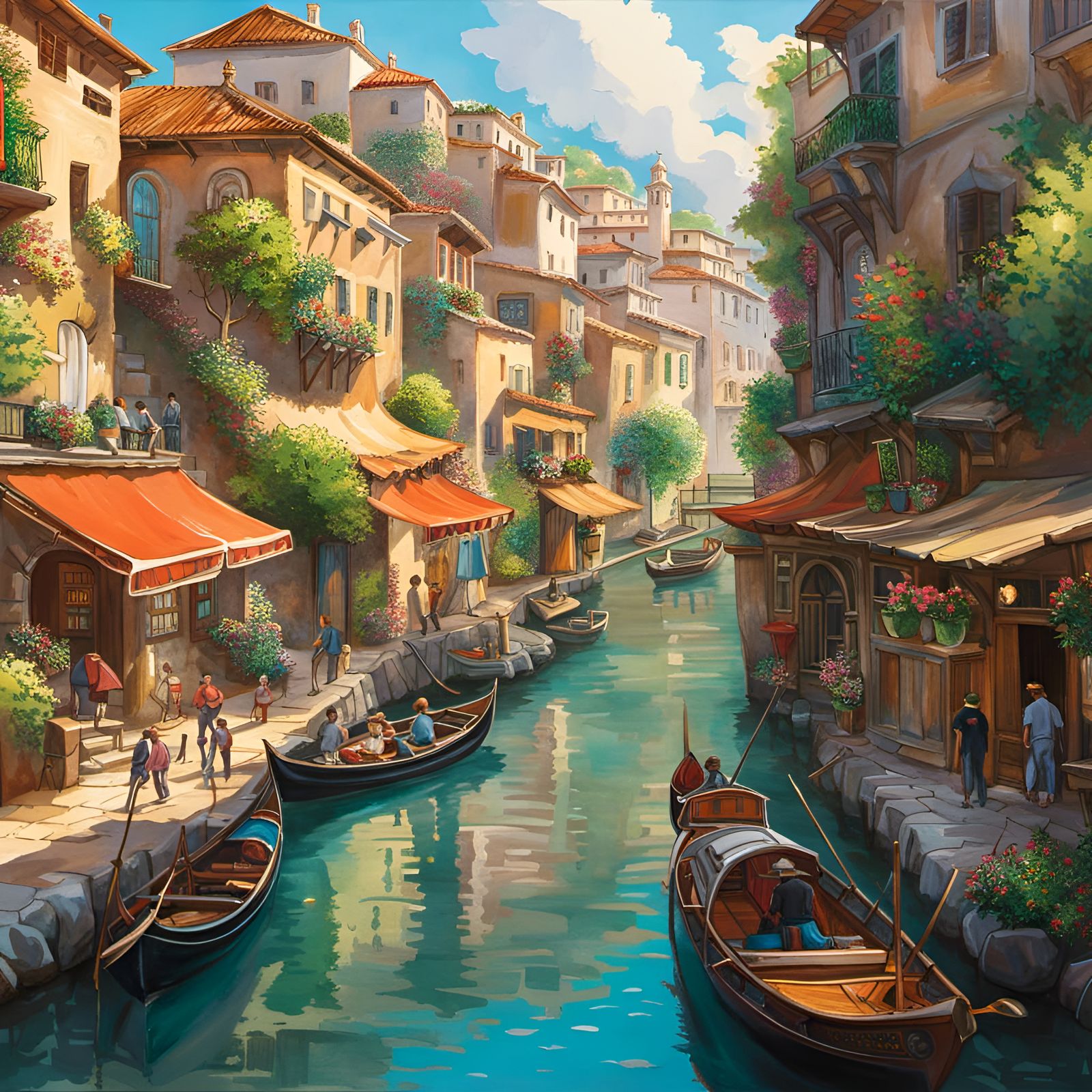 Coastal City with Canals: Studio Ghibli Watercolor