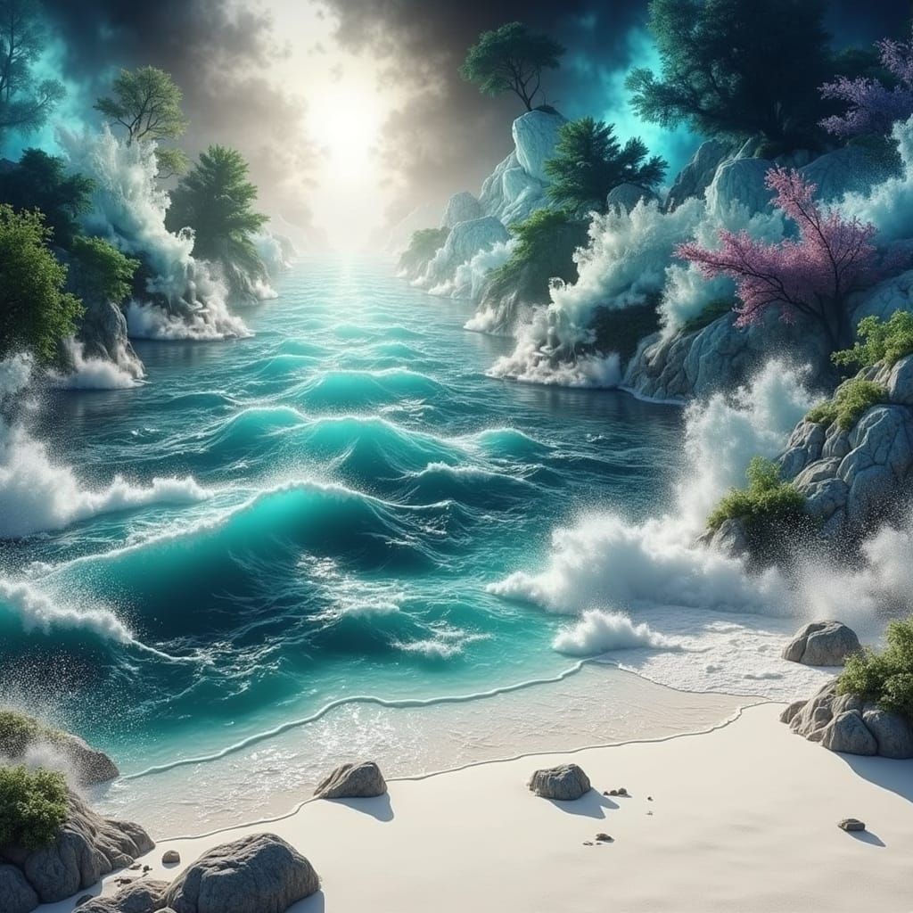 Dreamy Beachside Oasis with Stormy River and Wildflowers