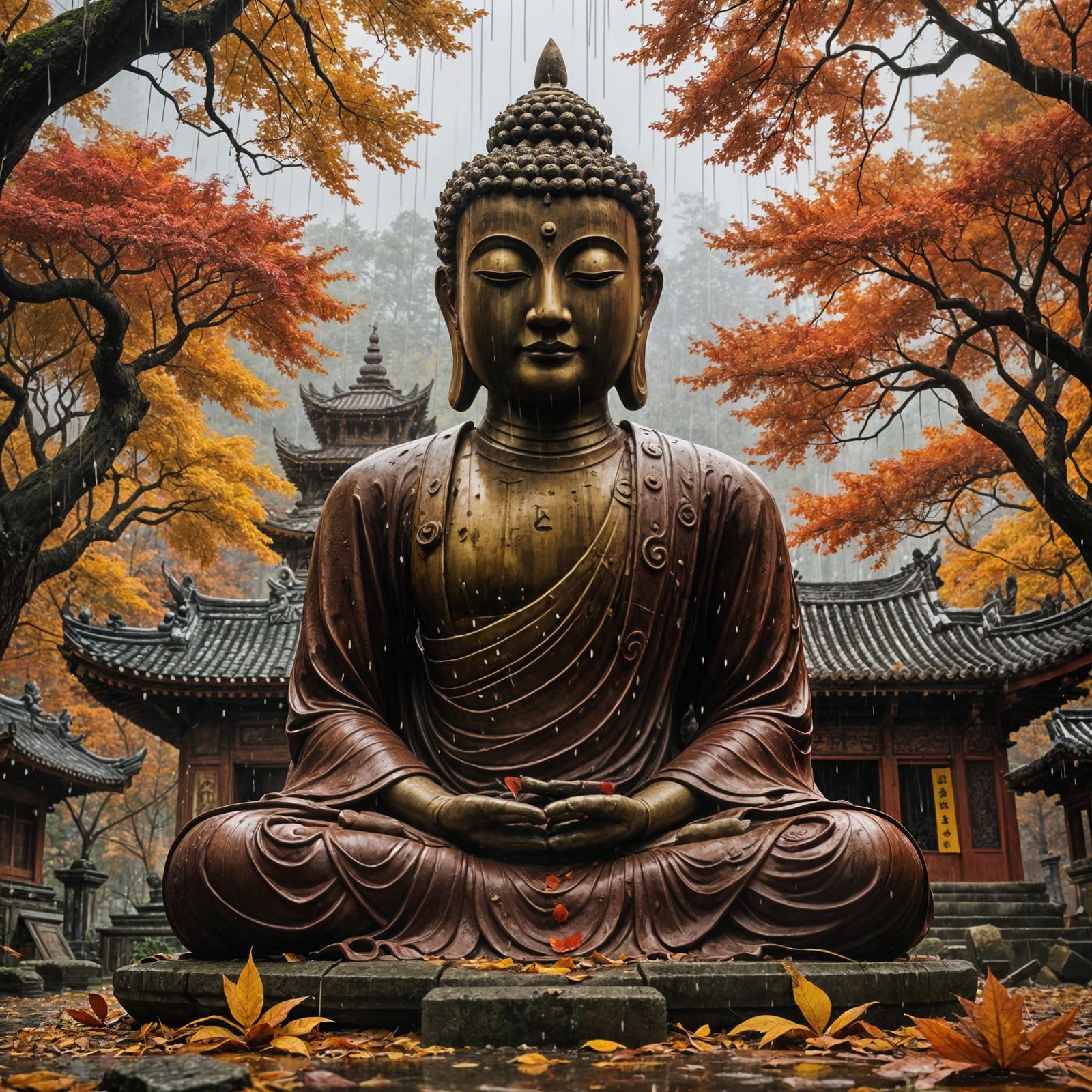 Abandoned Autumn Temple With Weeping Statue