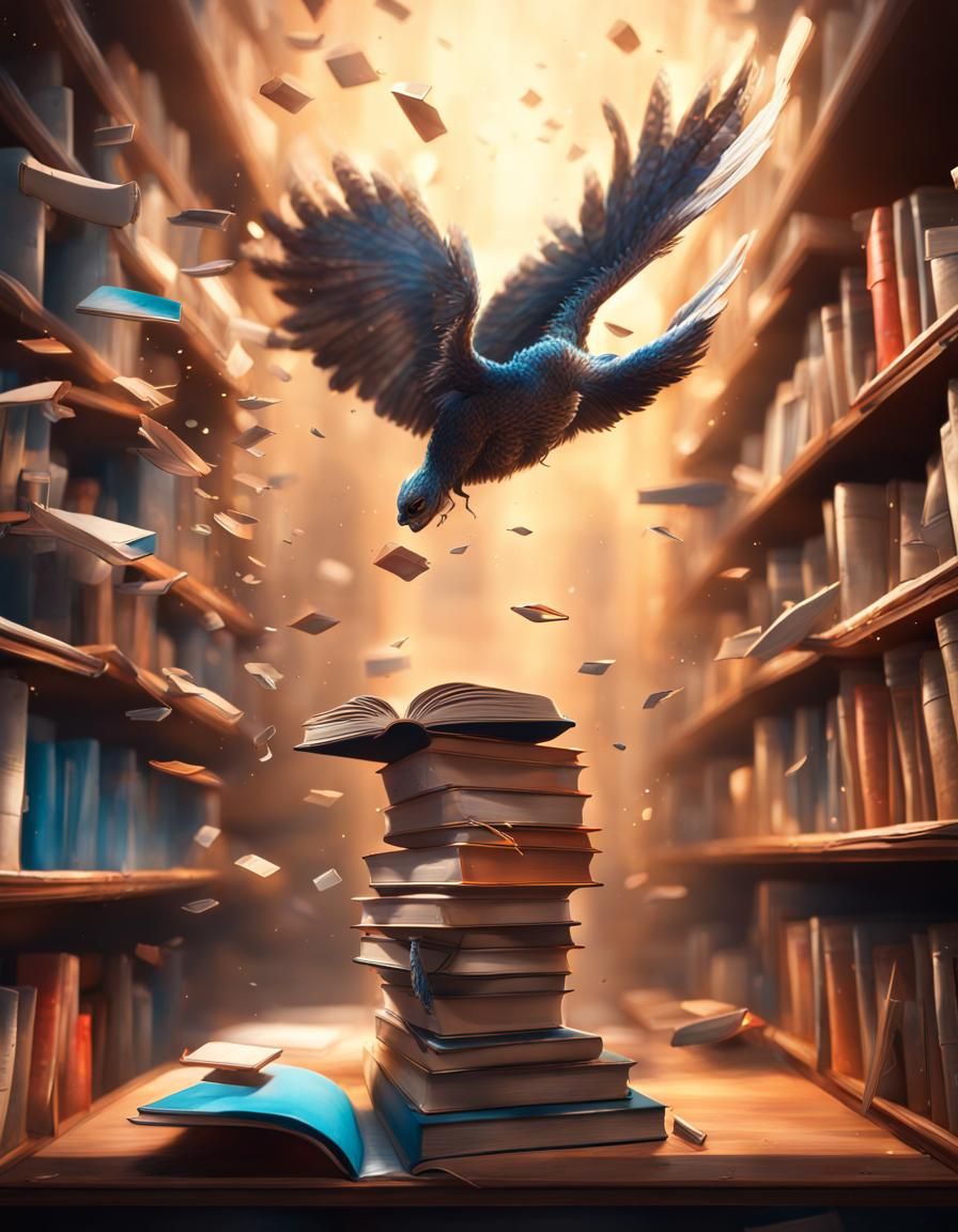 Hyperrealistic Books Flying Off Shelf Concept Art