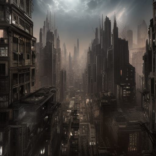 Decaying Technoir City Mirrored in Shadows