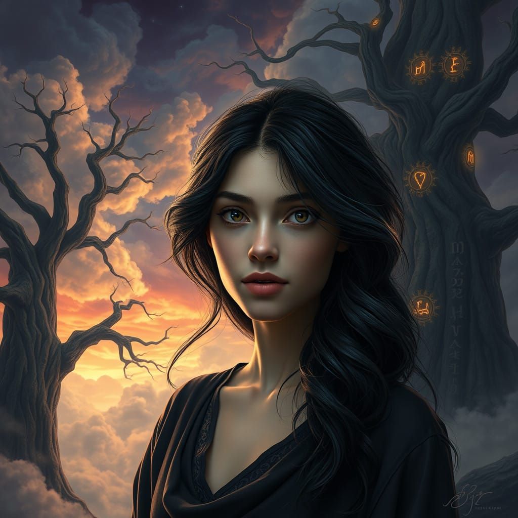 Mystical Woman Amidst Whirling Clouds and Ancient Trees