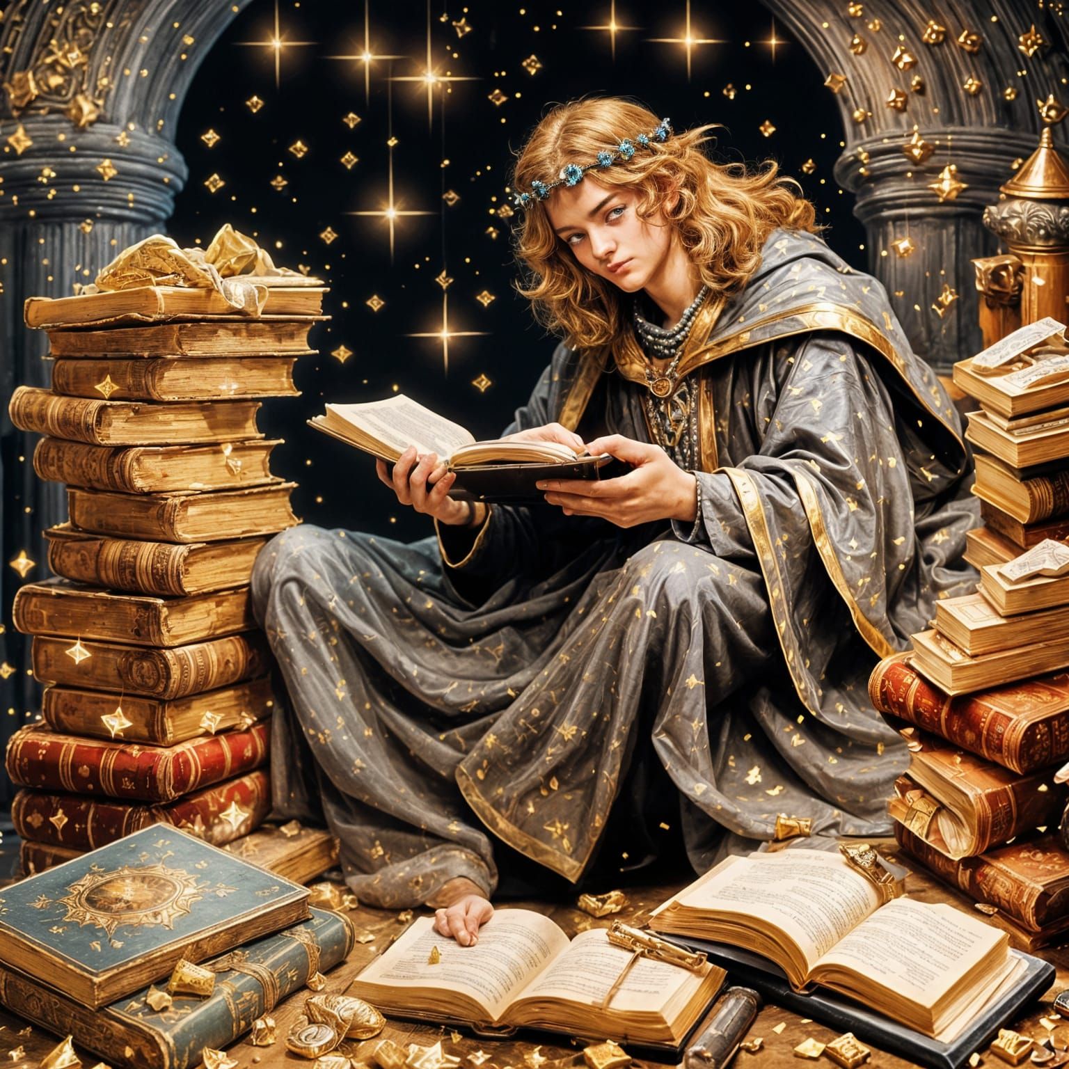 Elf Wizard Reading Book in Pre-Raphaelite Style