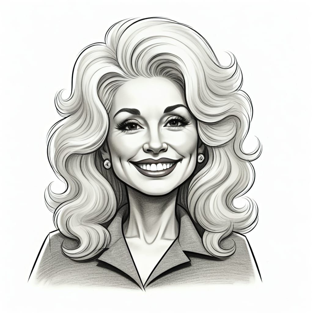 Dolly Parton Smiling: Al Hirschfeld-Style Pencil Sketch