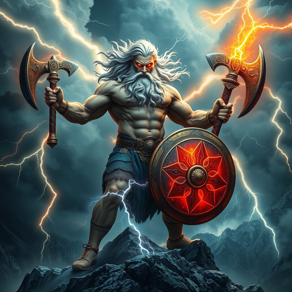 Mighty Slavic God Perun on Stormy Mountain Peak