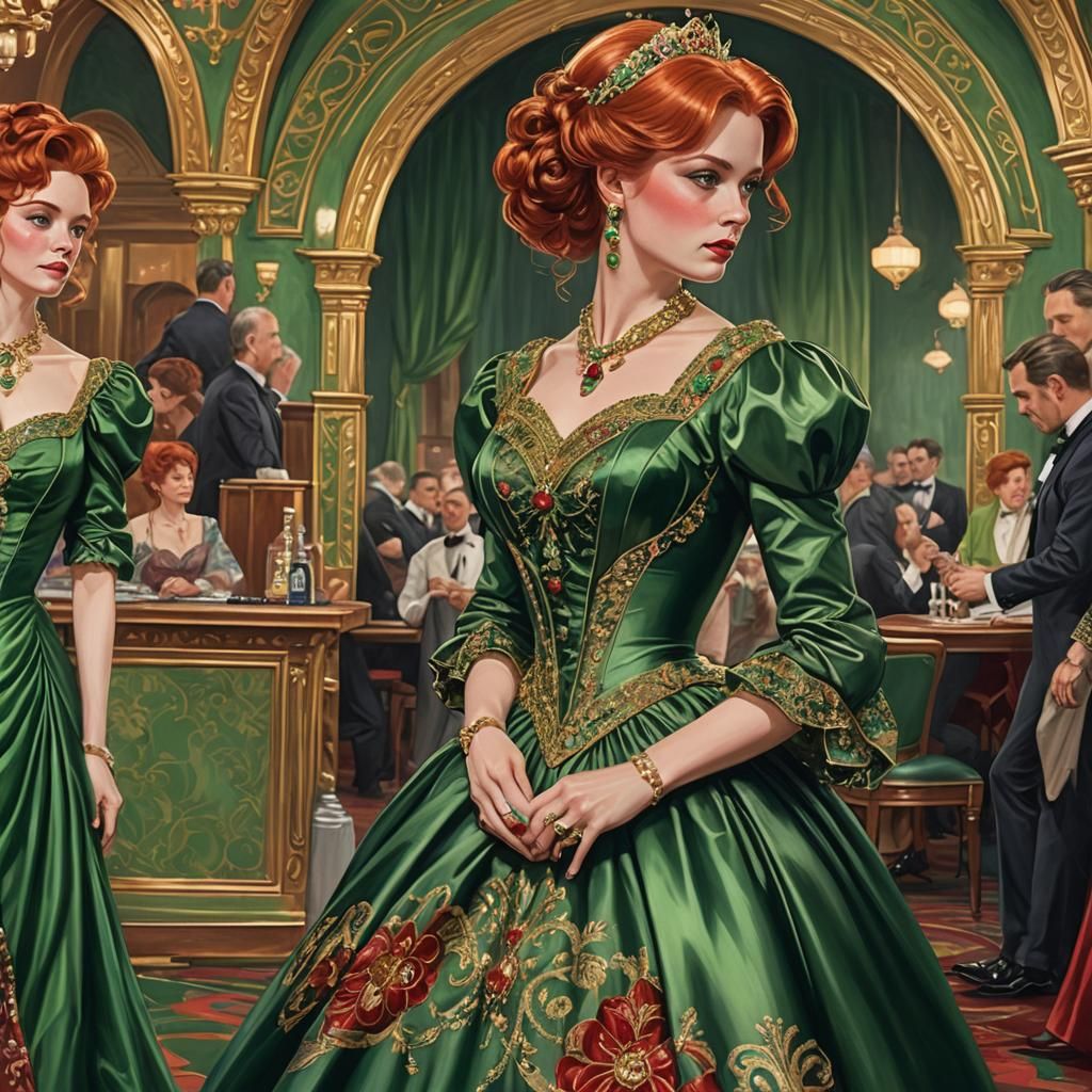 Lady Luck, tall, green eyes, red Hair, pretty face, green ba...