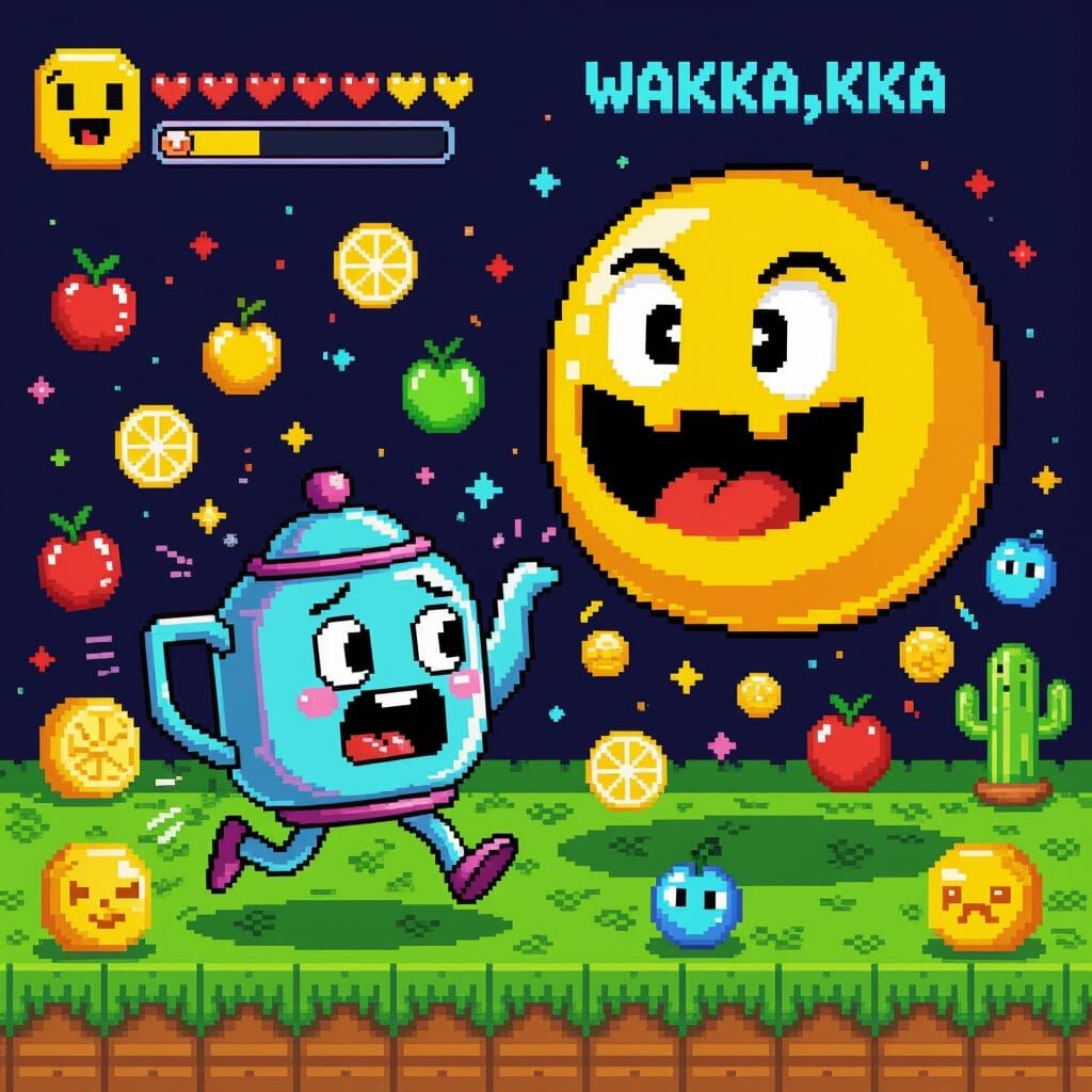Terrified Teapot Running from Pacman in Retro Game
