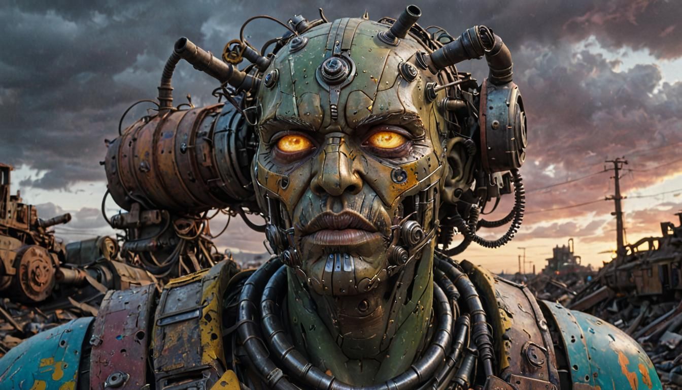 Dieselpunk Caterpillar War Machine in Wasteland Sunset