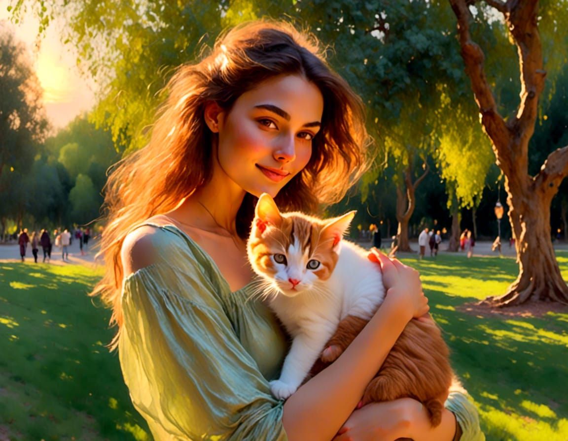Azeri-Russian Woman with Kitten in Impressionistic Park