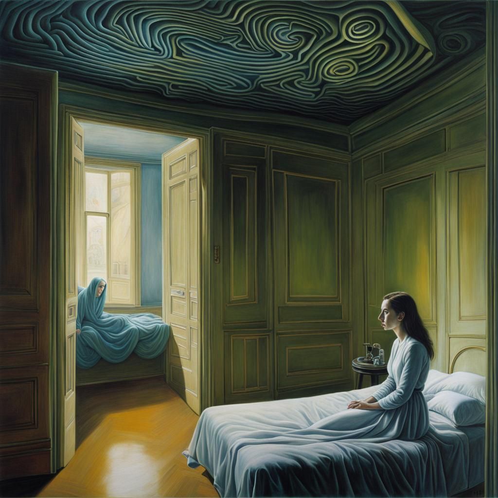 Surreal Dream: Girl in Distorted Bedroom