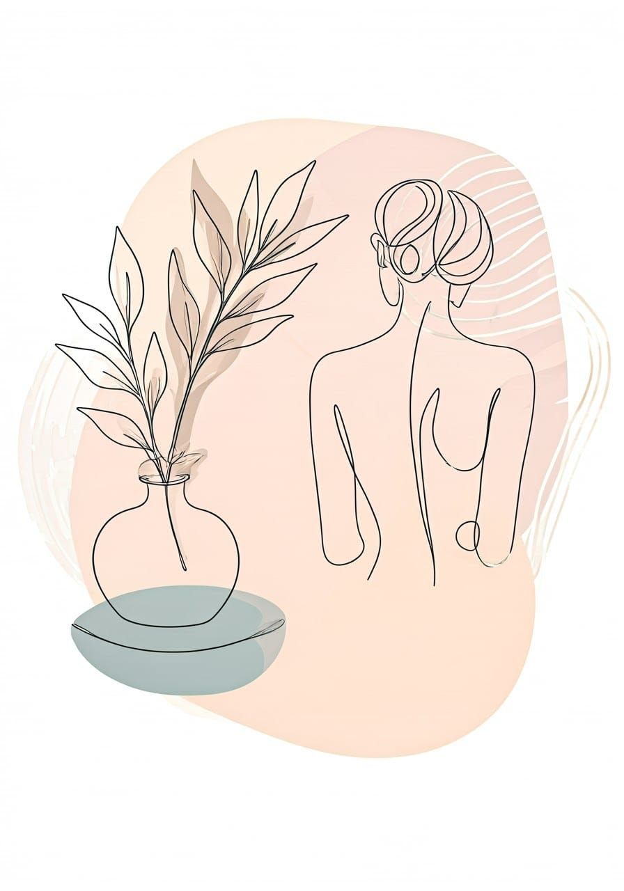Elegant Minimalist Line Drawing of Botanical and Ceramic Ele...