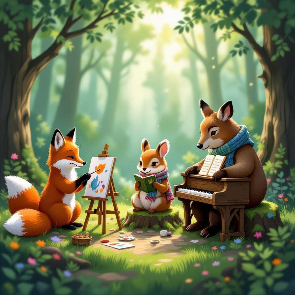 Whimsical Forest Animals Enjoying Hobbies in Magical Light