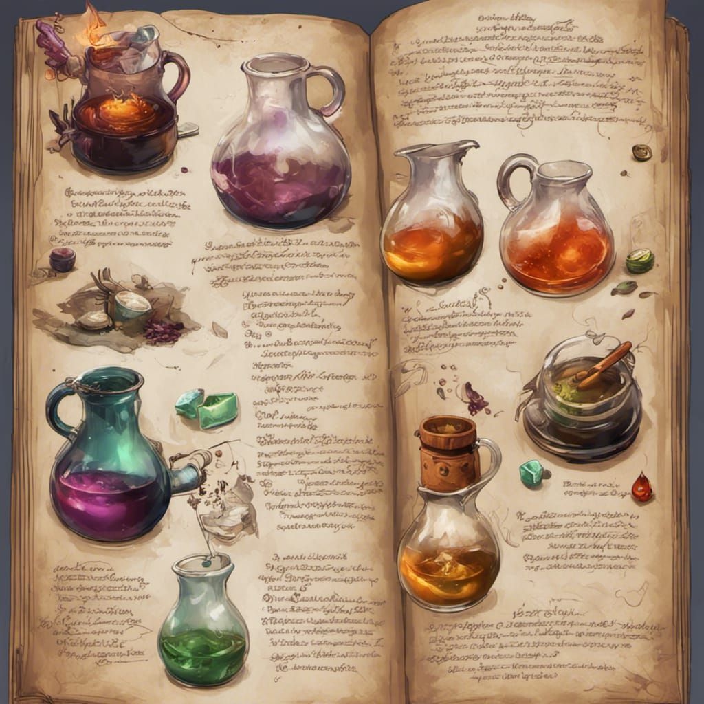 Witch's Spellbook Page with Colorful Illustrations