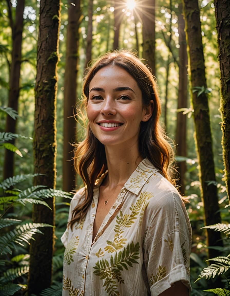 Woman Amidst Vibrant Forest in Hyper-Realistic Portrait Phot...