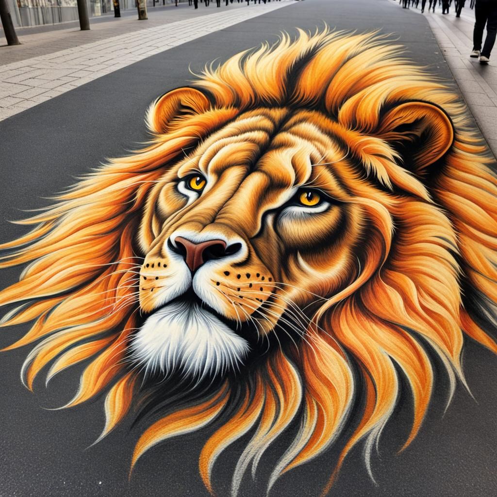 drawing on the sidewalk of an illustration of a lion made in...