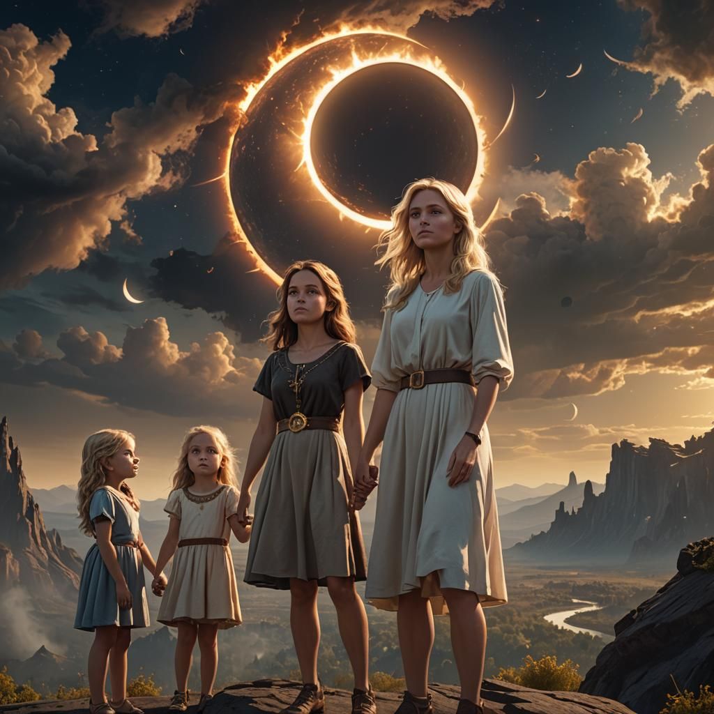 Family Observes Ominous Solar Eclipse, Detailed Matte Painti...