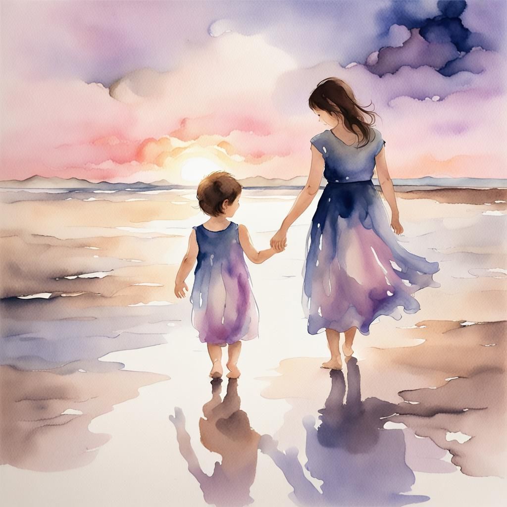 Enchanting Beach Walk: Ethereal Impressionistic Watercolour