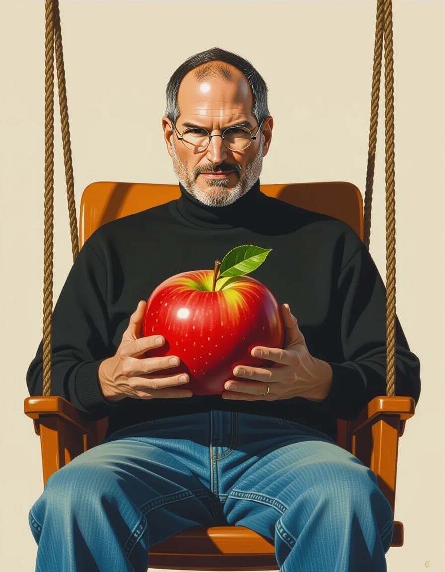 Steve Jobs in Baby Swing, Hyperrealistic Digital Art