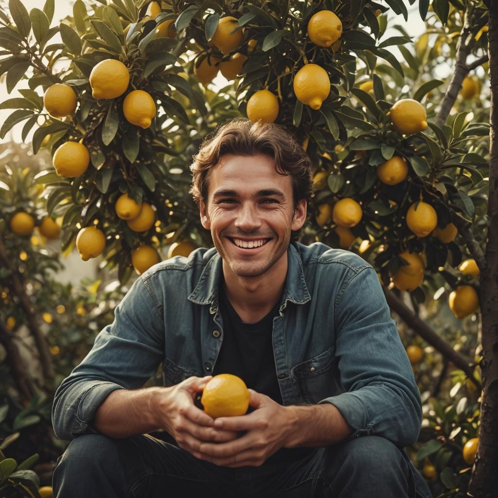 Hyperrealistic Portrait of Smiling Person in Lemon Tree
