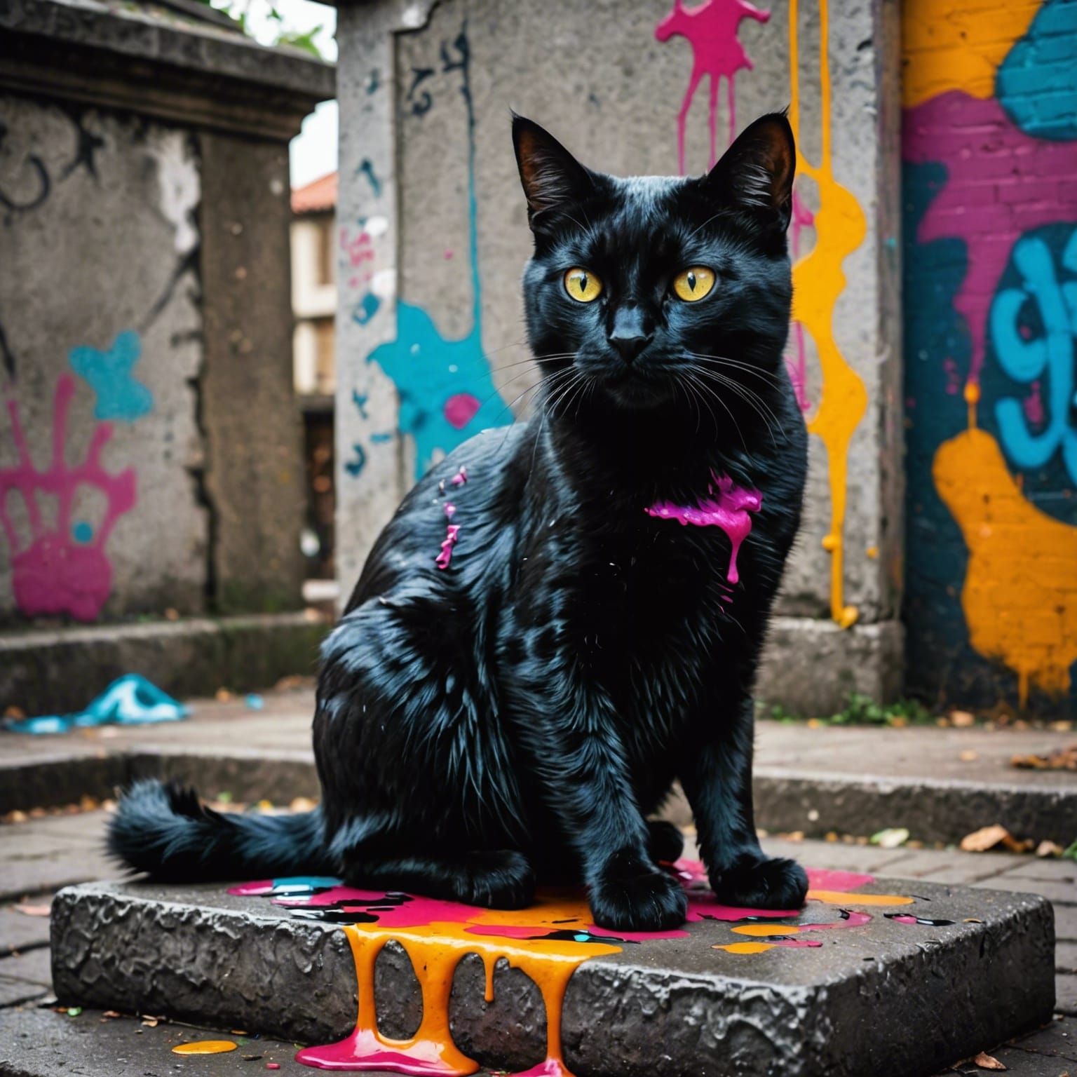 Black Cat on Tombstone in Graffiti Art Style