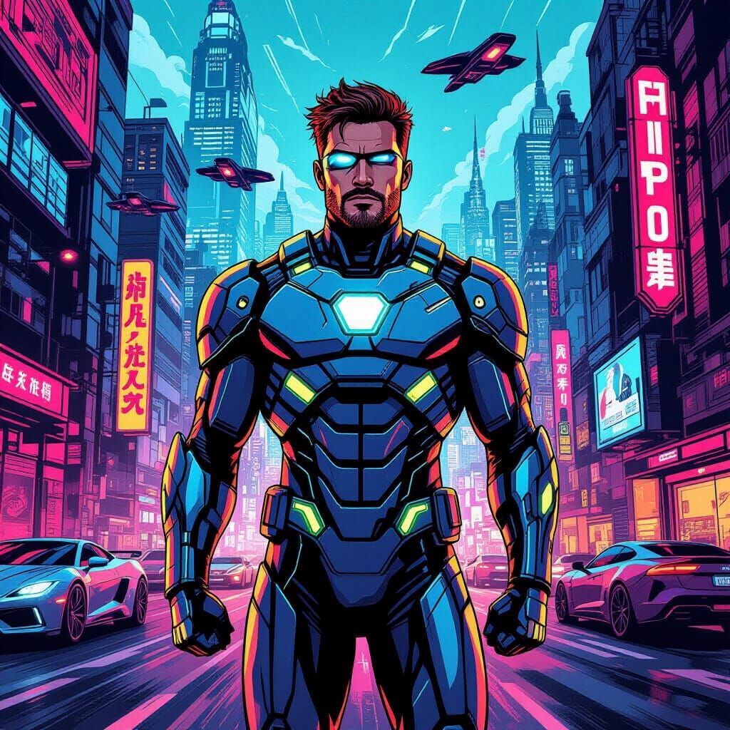 Futuristic Hero in Vibrant Sci-Fi Cityscape Comic Art