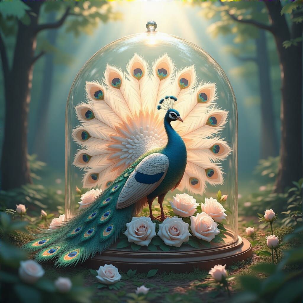 Peacock in Glass Dome with Roses, Anime Art