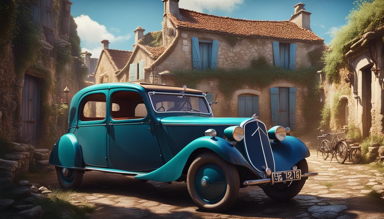 1936 Citroen in French Village: Detailed Matte Painting