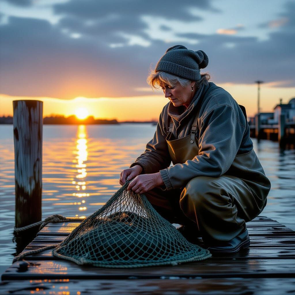Weathered Fisherwoman Mends Nets at Sunset